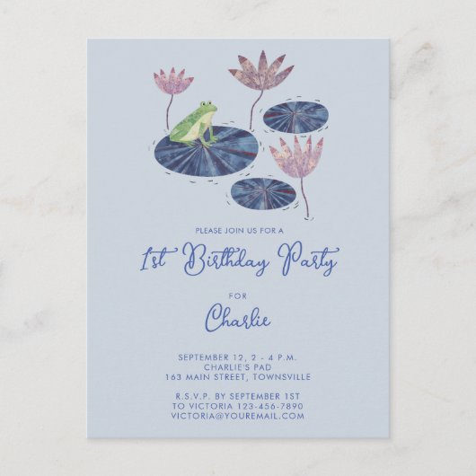 ゆり池のカエルかわいい第1回誕生日招待状 ポストカード (正面)