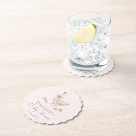 ゆるい間抜けピンクの弓の赤ちゃんシャワーのガチョウ ペーパーコースター (インサイチュ)