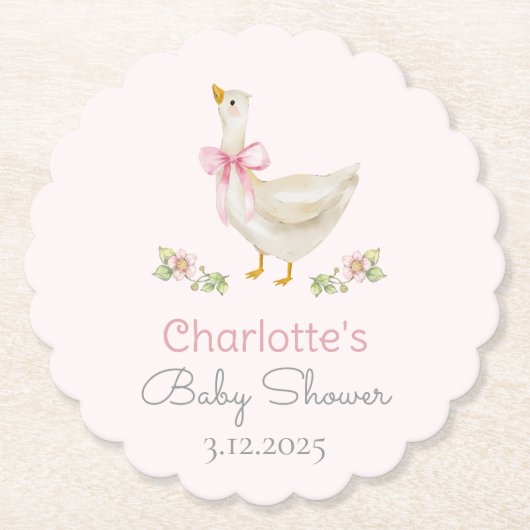 ゆるい間抜けピンクの弓の赤ちゃんシャワーのガチョウ ペーパーコースター (正面)