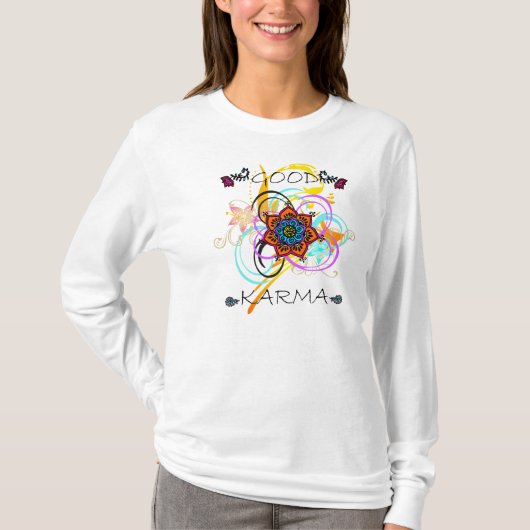 よいカルマの曼荼羅の渦巻のフード付の長袖 Tシャツ (正面)