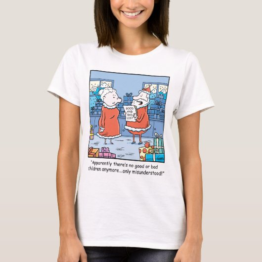 よいクリスマスの漫画サンタおよび悪いリスト Tシャツ (正面)