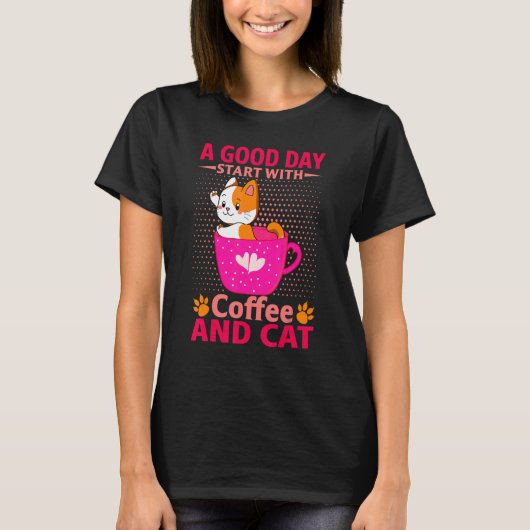 よい日はコーヒーと猫から始まる Tシャツ (正面)