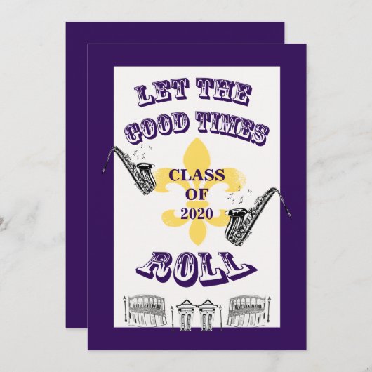 よい時ロール卒業パーティーの紫色を許可して下さい 招待状 (正面/裏面)