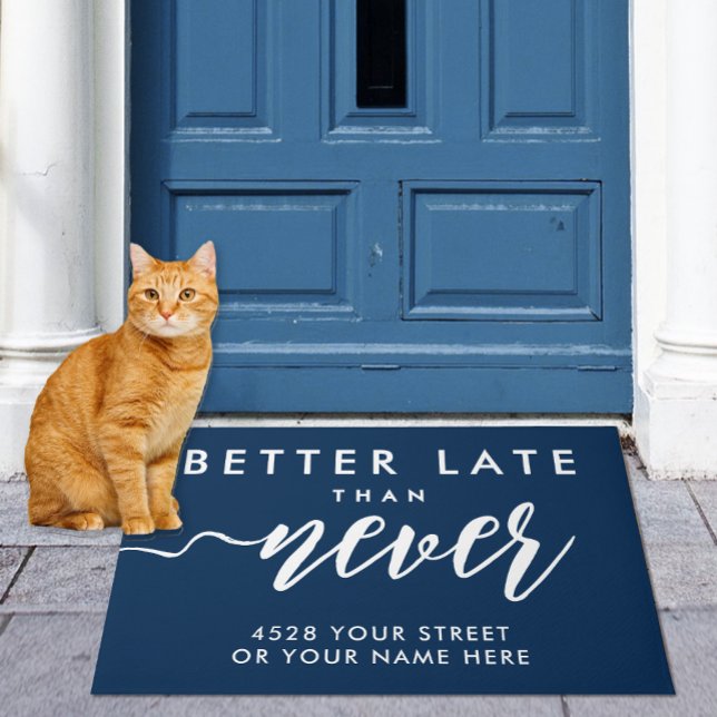 ようこそおもしろいネイビーブルーと白の手書きタイプ ドアマット (クリエイターアップロード済み)