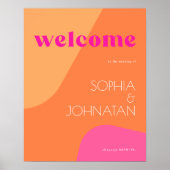 ようこそはっきりしたピンクのオレンジ色のレトロ結婚のサイン ポスター (正面)