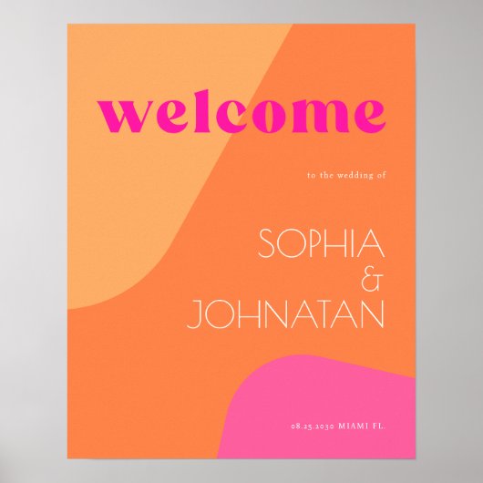 ようこそはっきりしたピンクのオレンジ色のレトロ結婚のサイン ポスター (正面)