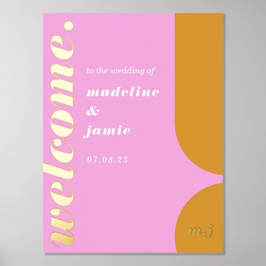 ようこそはっきりしたピンク&イエローレトロ抽象芸術結婚ズ 箔ポスター (正面)