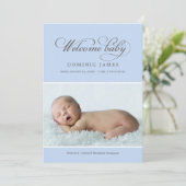 ようこそエレガント男の赤ちゃんパウダーブルーフォト誕生 案内状 (スタンド正面)