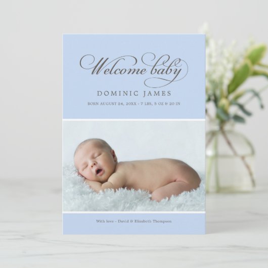 ようこそエレガント男の赤ちゃんパウダーブルーフォト誕生 案内状 (スタンド正面)