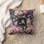 ようこそエレガント赤面ピンクピーニーフローラモノグラム クッション (ブランケット)
