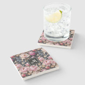 ようこそエレガント赤面ピンクピーニーフローラモノグラム ストーンコースター (横)
