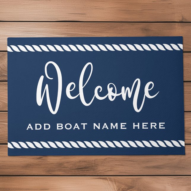 ようこそカスタムのボート名のロ縁どープダークブルー ドアマット (Welcome custom boat name rope border dark blue doormat)