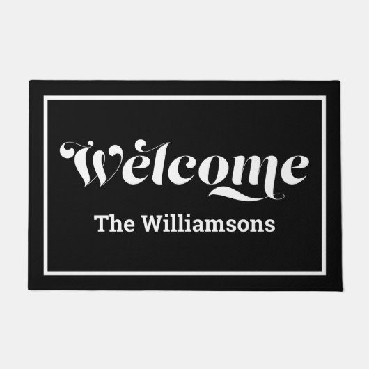 ようこそカスタムファミリ名スクリプト白黒 ドアマット (正面)