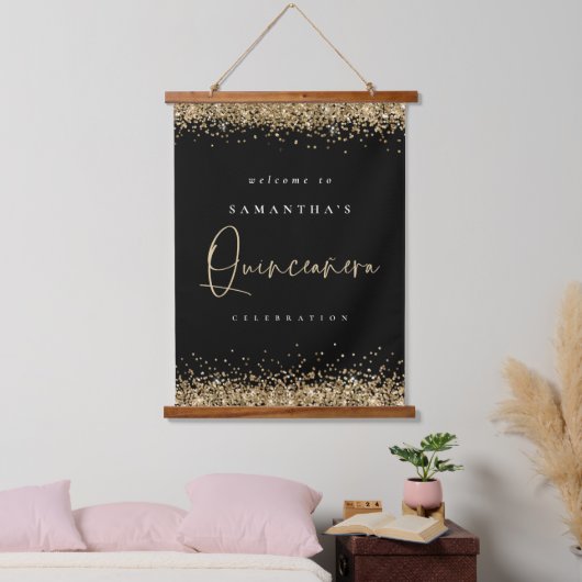 ようこそキンセアニェラ金ゴールドグリッター名黒 吊り下げ型タペストリー (寝室)