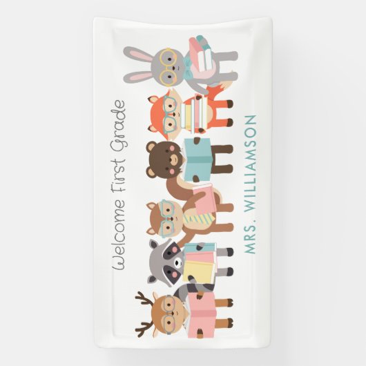 ようこそクラスの看板かわいい動物 横断幕 (縦)