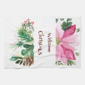 ようこそクリスマスタオル、ピンク/緑のポインセチア キッチンタオル (横)