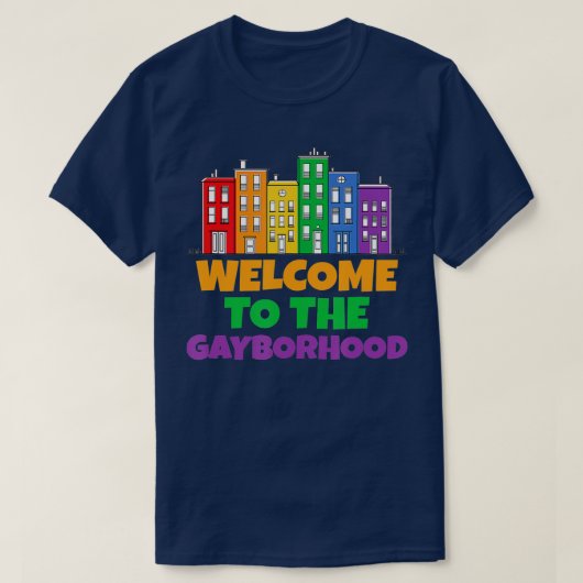 ようこそゲイボーフッドおもしろいLGBプライドレインボー Tシャツ (デザイン正面)