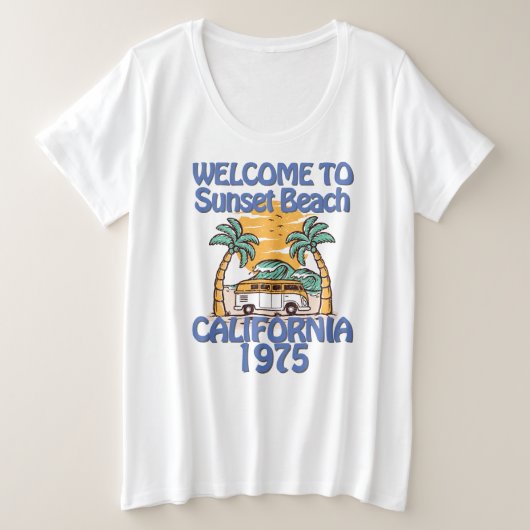 ようこそサンセットビーチ-ヴィンテージVibes プラスサイズTシャツ (デザイン正面)