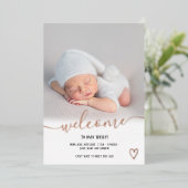 ようこそスクリプトハートフォトベビー誕生バラ金ゴールド 箔招待状 (立ち正面)