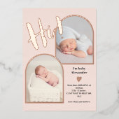 ようこそスクリプトハートフォトベビー誕生バラ金ゴールド 箔招待状 (正面)