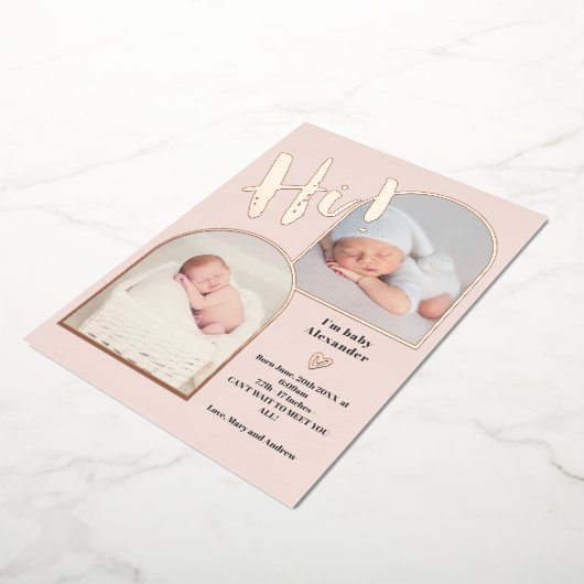 ようこそスクリプトハートフォトベビー誕生バラ金ゴールド 箔招待状 (回転した状態)