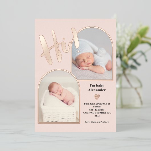 ようこそスクリプトハートフォトベビー誕生バラ金ゴールド 箔招待状 (立ち正面)