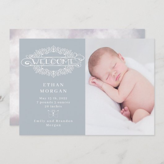 ようこそスクリプト蝶の青の誕生の発表 招待状 (正面/裏面)