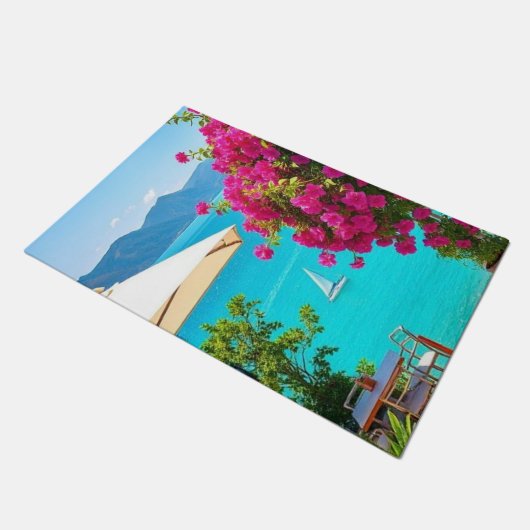 「ようこそスタイル – あなたの玄関口でカフェロマンス！ ドアマット (アングル)