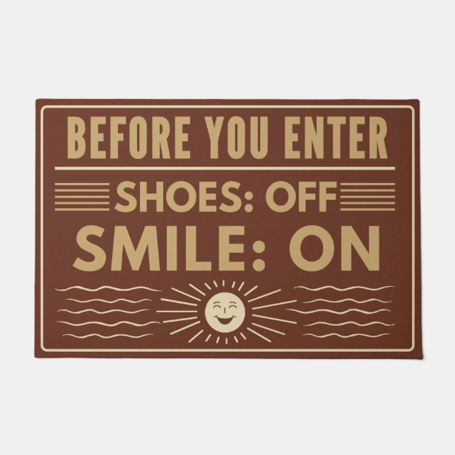 ようこそスタイル – シューズオフ、スマイルオンゲスト ドアマット (正面)