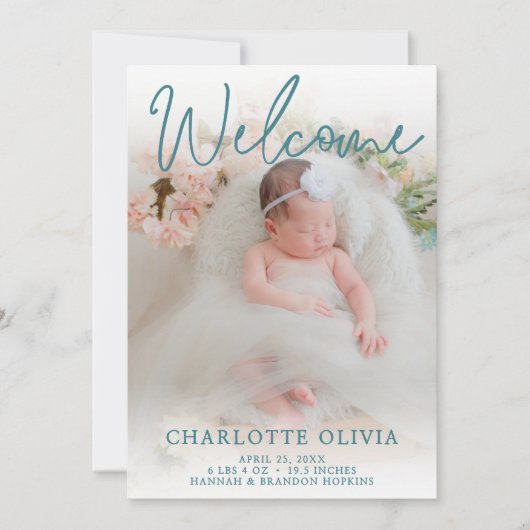 ようこそティール（緑がかった色）写真の誕生のお知らせ 招待状 (正面)