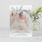 ようこそティール（緑がかった色）写真の誕生のお知らせ 招待状 (スタンド正面)