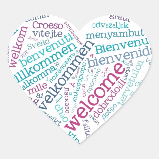 ようこそハート（多くの言語）ステッカー ハートシール (正面)