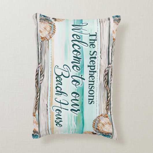 ようこそパーソナライズされた私たちのビーチハウス アクセントクッション (裏面(縦))