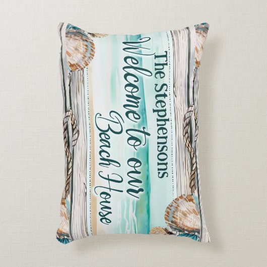 ようこそパーソナライズされた私たちのビーチハウス アクセントクッション (正面(垂直))