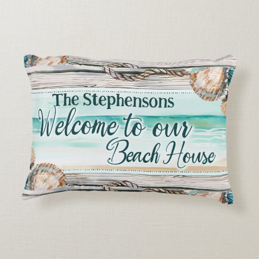 ようこそパーソナライズされた私たちのビーチハウス アクセントクッション (裏面)