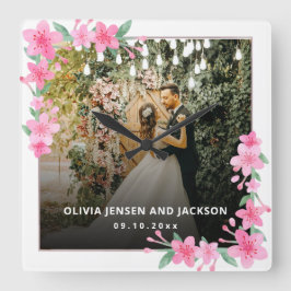 ようこそパーティーピンクフローラゴールデンフレ結婚ーム スクエア壁時計