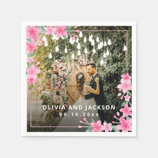 ようこそパーティーピンクフローラゴールデンフレ結婚ーム スタンダードカクテルナプキン (正面)