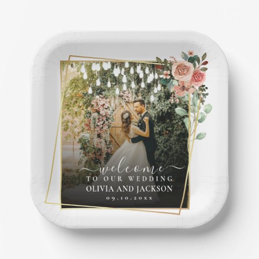 ようこそパーティーピンクフローラゴールデンフレ結婚ーム ペーパープレート (正面)