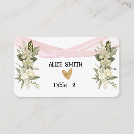 ようこそピンクのリボンと白いバラ プレイスカード (正面)