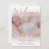 ようこそピンクの写真の誕生のお知らせ 招待状 (正面)