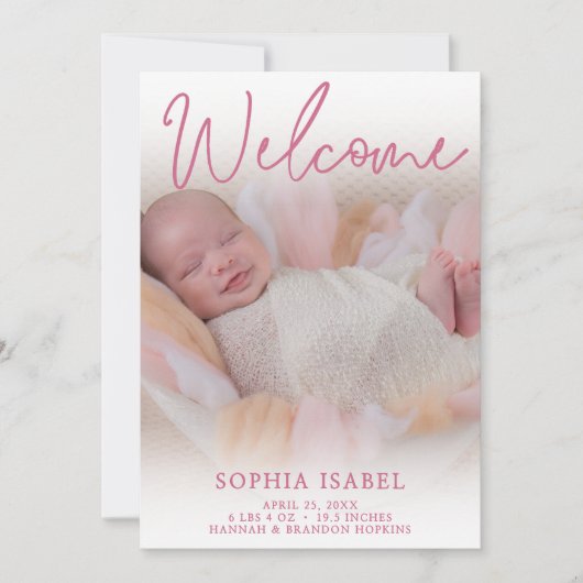ようこそピンクの写真の誕生のお知らせ 招待状 (正面)