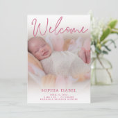 ようこそピンクの写真の誕生のお知らせ 招待状 (スタンド正面)