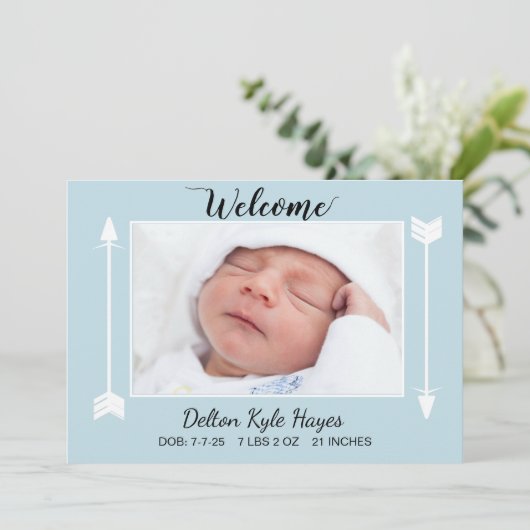 ようこそフォト生まれたばかりの男の赤ちゃん 案内状 (スタンド正面)