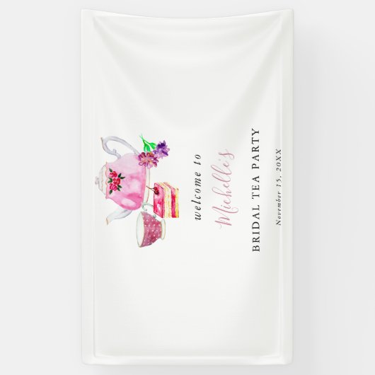ようこそブライダルシャワーティーパーティーピンクの水色 横断幕 (縦)