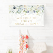 ようこそブライダルシャワー名ホワイト花模様リーフ 横断幕 (インサイチュ)