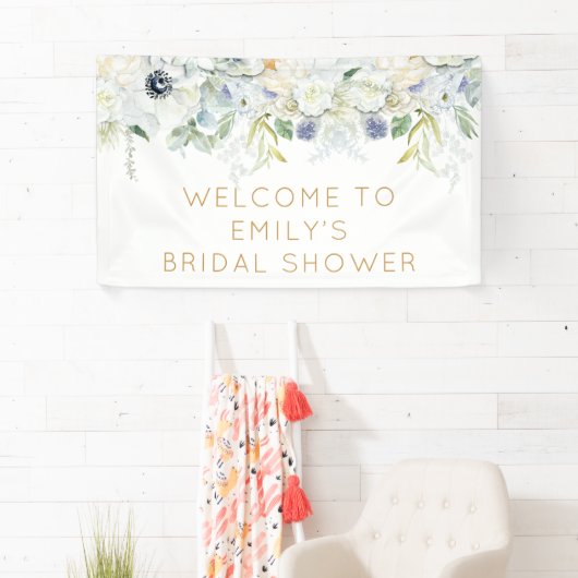 ようこそブライダルシャワー名ホワイト花模様リーフ 横断幕 (インサイチュ)