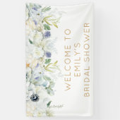 ようこそブライダルシャワー名ホワイト花模様リーフ 横断幕 (縦)