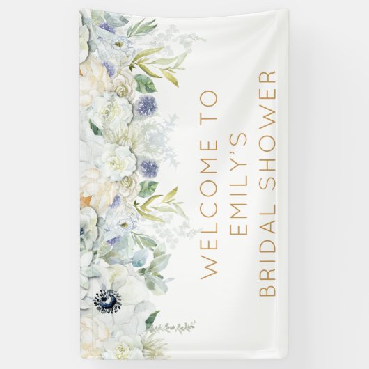 ようこそブライダルシャワー名ホワイト花模様リーフ 横断幕 (縦)