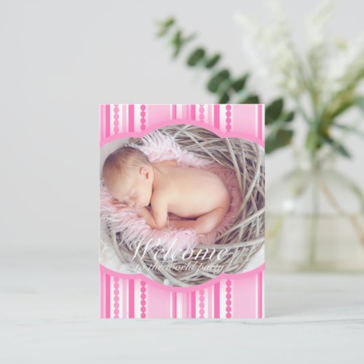 ようこそベビーガールピンクのパーティー写真の招待状 招待状 (スタンド正面)