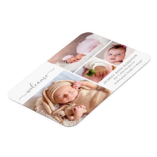 ようこそベビーガール写真コラージュ誕生のお知らせ マグネット (左側)